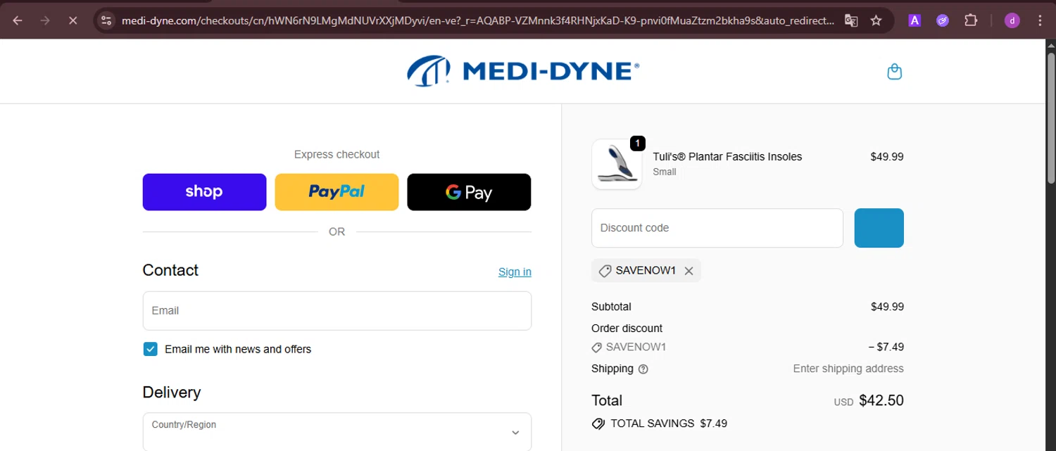 Medi-Dyne promo code screenshot showing code SAVENOW1 applied at Medi-Dyne checkout page. Uploaded by SimplyCodes community member PennyTiger4891 on Dec 26, 2025