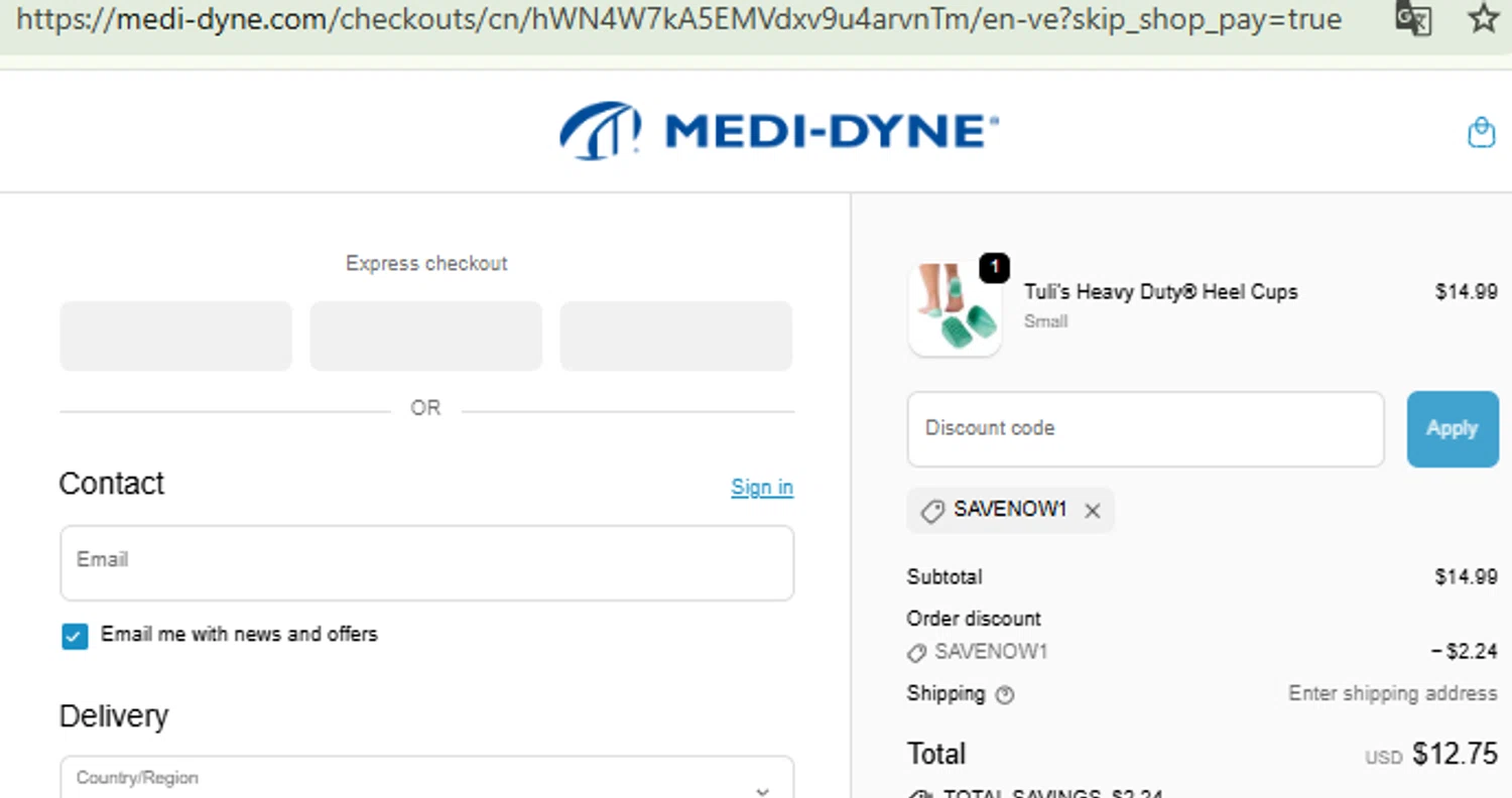 Medi-Dyne promo code screenshot showing code SAVENOW1 applied at Medi-Dyne checkout page. Uploaded by SimplyCodes community member RewardFinder4836 on Oct 25, 2025
