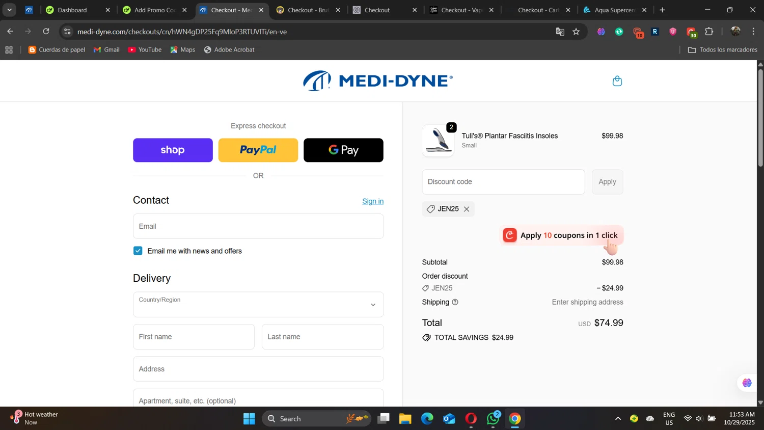Medi-Dyne promo code screenshot showing code RENEE22 applied at Medi-Dyne checkout page. Uploaded by SimplyCodes community member naimbethak on Oct 29, 2025