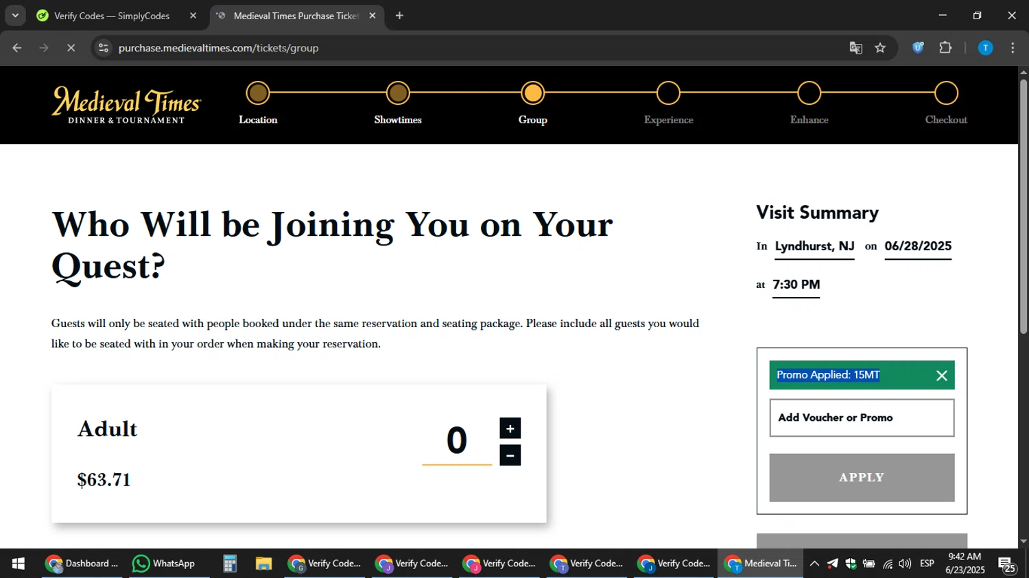 Medieval Times Dinner & Tournament promo code screenshot showing code 15mt applied at Medieval Times Dinner & Tournament checkout page. Uploaded by SimplyCodes community member hankt1521 on Jun 23, 2025