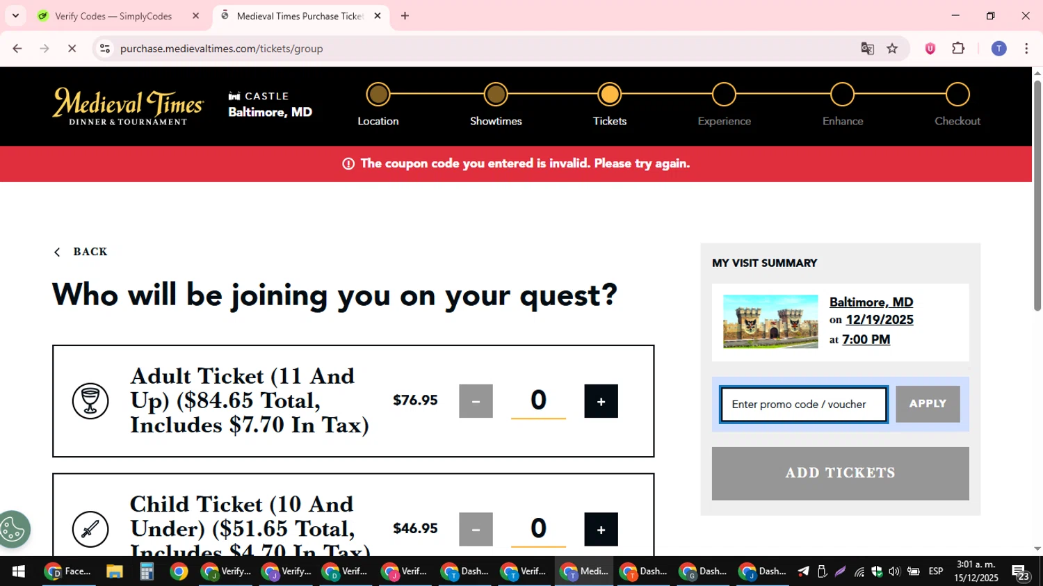 Medieval Times Dinner & Tournament promo code screenshot showing code 15mt applied at Medieval Times Dinner & Tournament checkout page. Uploaded by SimplyCodes community member snidertom8 on Dec 15, 2025