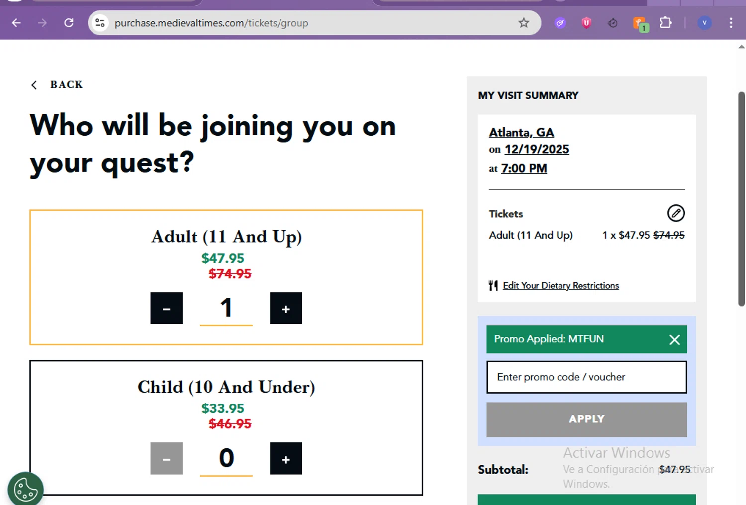 Medieval Times Dinner & Tournament promo code screenshot showing code MTFUN applied at Medieval Times Dinner & Tournament checkout page. Uploaded by SimplyCodes community member beatrizcastillo on Dec 15, 2025