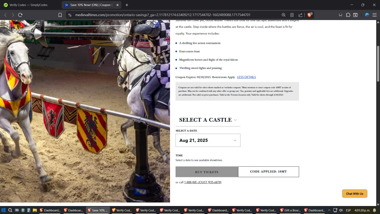 Medieval Times Dinner & Tournament promo code screenshot showing code 10MT applied at Medieval Times Dinner & Tournament checkout page. Uploaded by SimplyCodes community member Jgomez on Aug 13, 2025