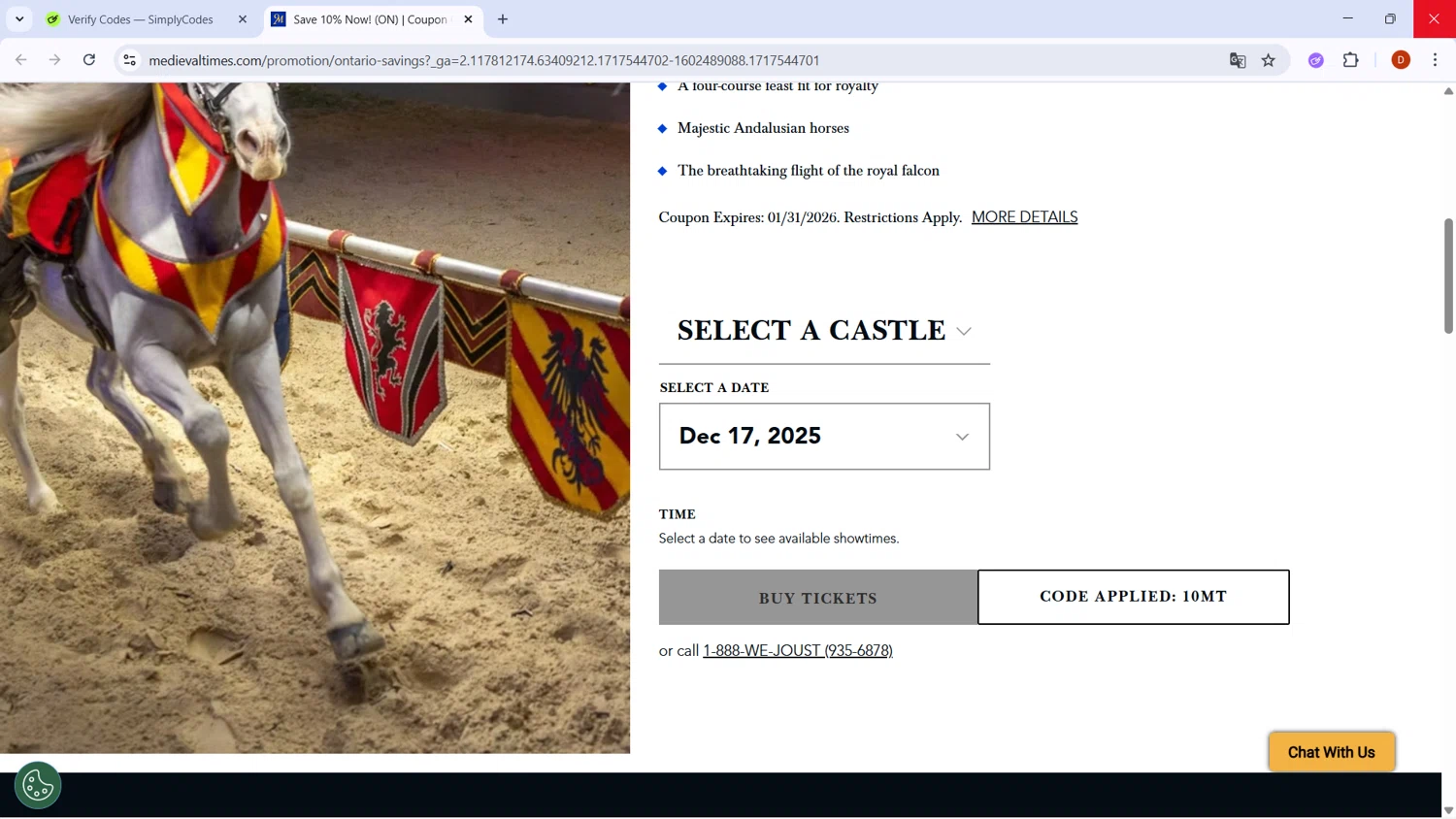 Medieval Times Dinner & Tournament checkout page showing Medieval Times Dinner & Tournament promo code box | Screenshot taken by SimplyCodes community member on Dec 15, 2025