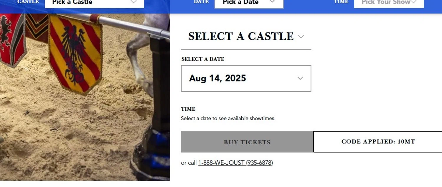 Medieval Times Dinner & Tournament promo code screenshot showing code 10MT applied at Medieval Times Dinner & Tournament checkout page. Uploaded by SimplyCodes community member Olorinnnnn on Aug 13, 2025