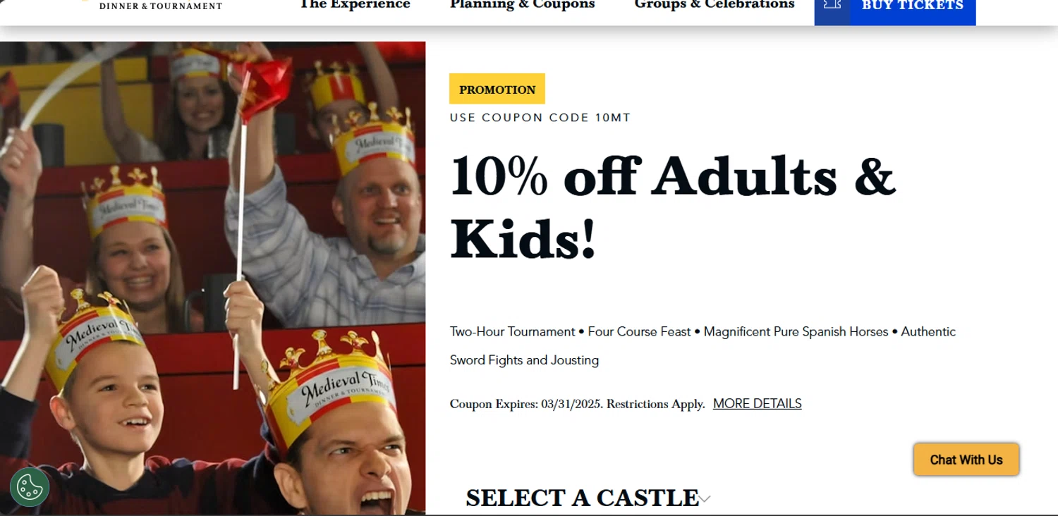 Medieval Times Dinner & Tournament promo code screenshot showing code 10MT applied at Medieval Times Dinner & Tournament checkout page. Uploaded by SimplyCodes community member jupitera on Jan 25, 2025