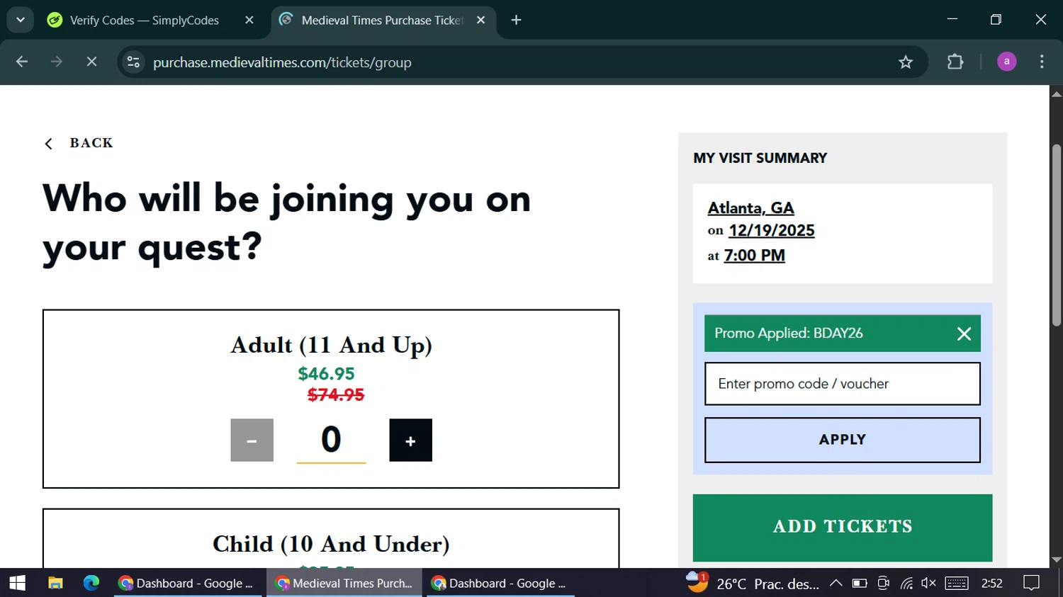 Medieval Times Dinner & Tournament promo code screenshot showing code BDAY26 applied at Medieval Times Dinner & Tournament checkout page. Uploaded by SimplyCodes community member alexandracarolina on Dec 15, 2025