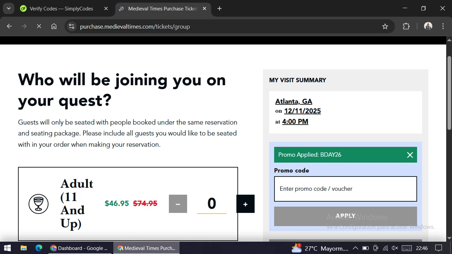 Medieval Times Dinner & Tournament promo code screenshot showing code BDAY26 applied at Medieval Times Dinner & Tournament checkout page. Uploaded by SimplyCodes community member ariannycfh on Nov 24, 2025