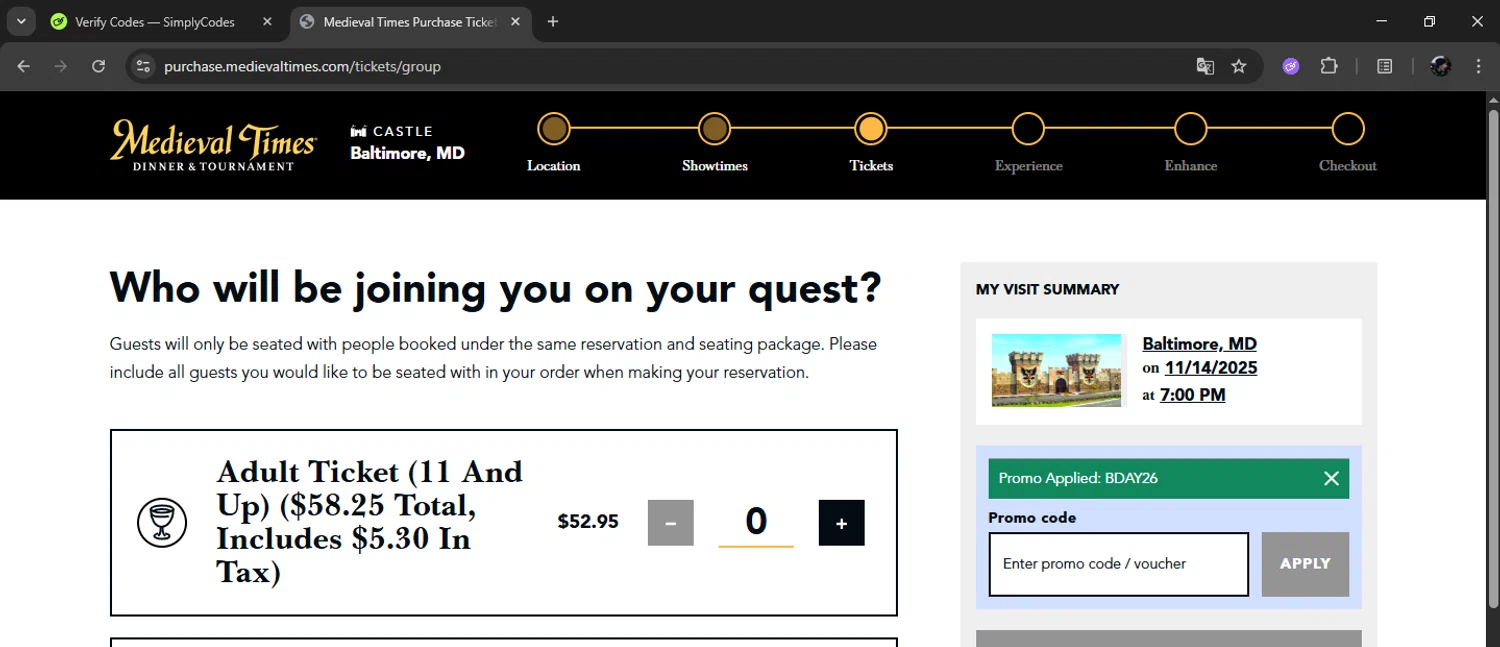 Medieval Times Dinner & Tournament promo code screenshot showing code BDAY26 applied at Medieval Times Dinner & Tournament checkout page. Uploaded by SimplyCodes community member cuticula on Nov 8, 2025