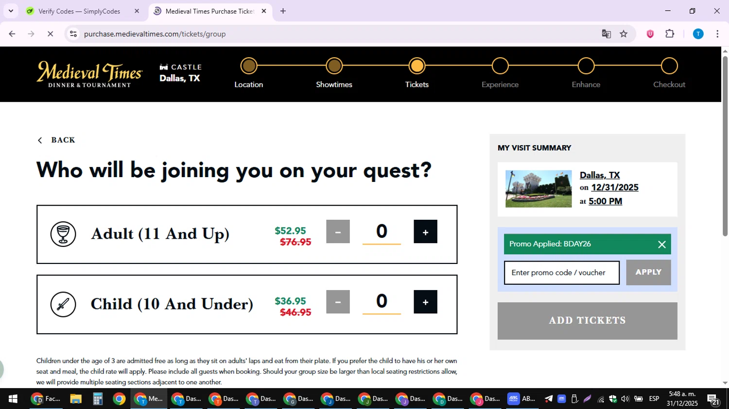 Medieval Times Dinner & Tournament checkout page showing Medieval Times Dinner & Tournament promo code box | Screenshot taken by SimplyCodes community member on Dec 31, 2025