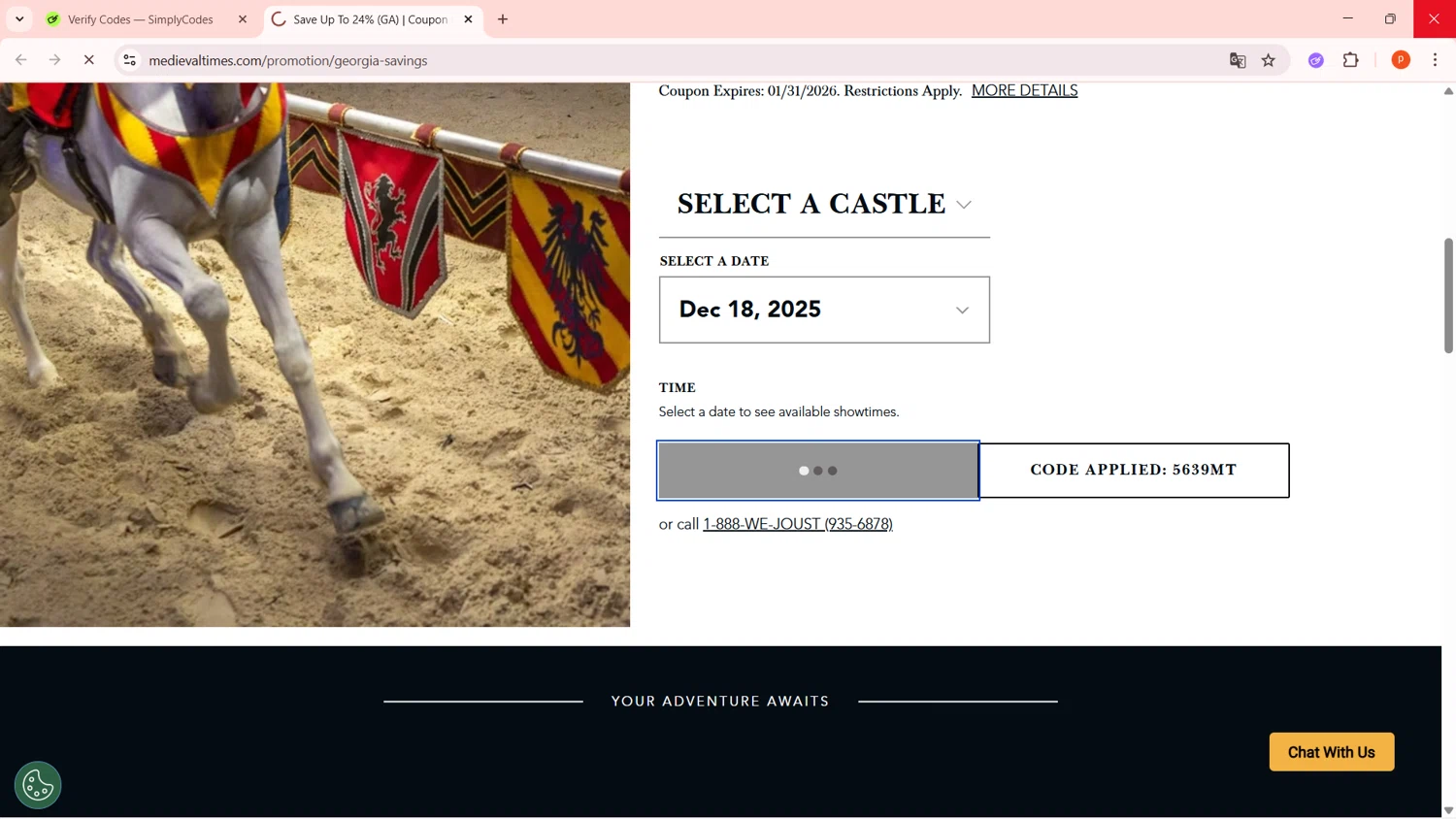 Medieval Times Dinner & Tournament promo code screenshot showing code 5639MT applied at Medieval Times Dinner & Tournament checkout page. Uploaded by SimplyCodes community member LegendaryPro3698 on Dec 15, 2025