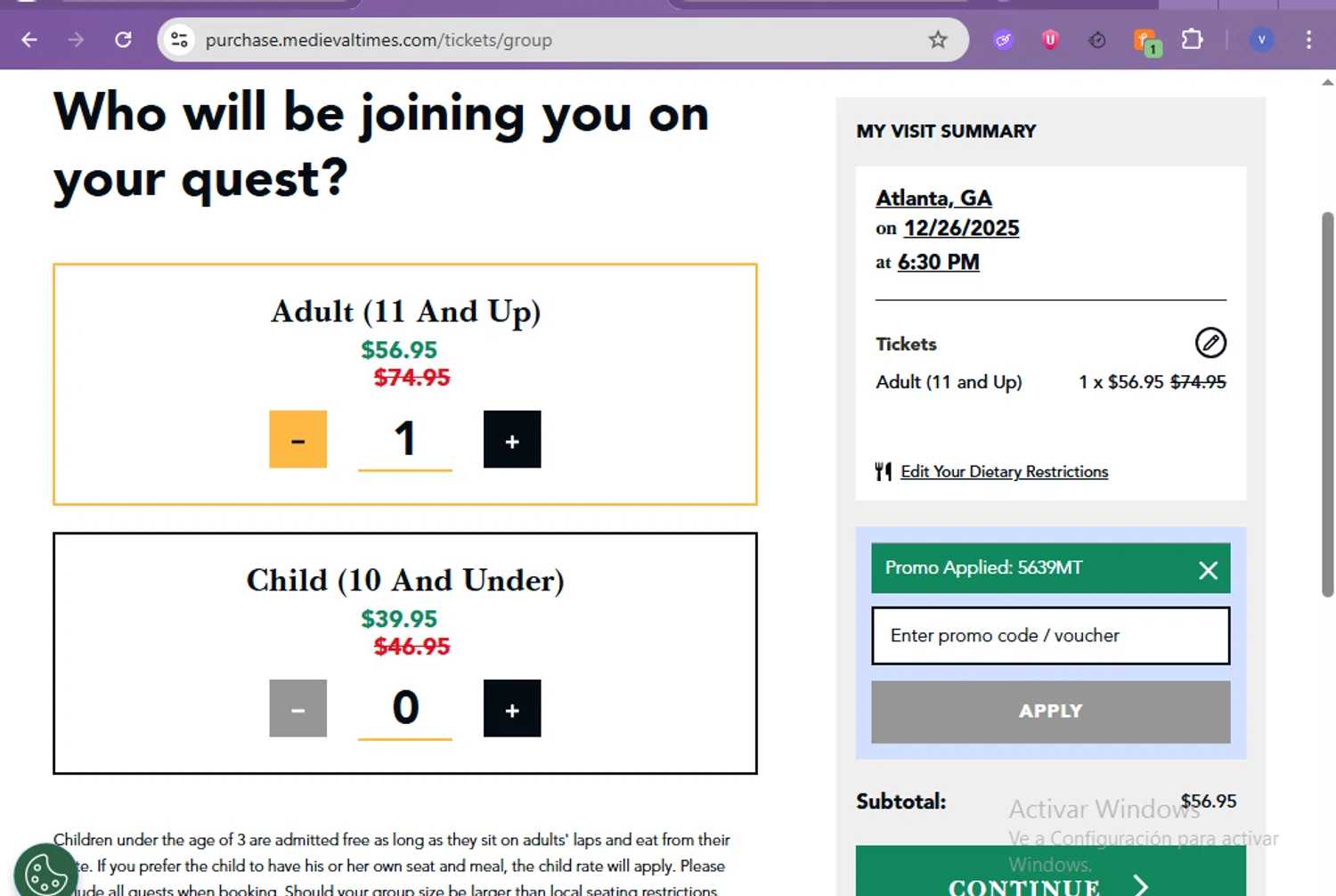 Medieval Times Dinner & Tournament promo code screenshot showing code 5639MT applied at Medieval Times Dinner & Tournament checkout page. Uploaded by SimplyCodes community member beatrizcastillo on Dec 15, 2025