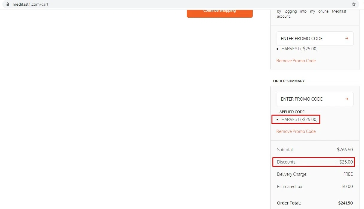Medifast checkout page showing Medifast promo code box | Screenshot taken by SimplyCodes community member on Jan 21, 2021