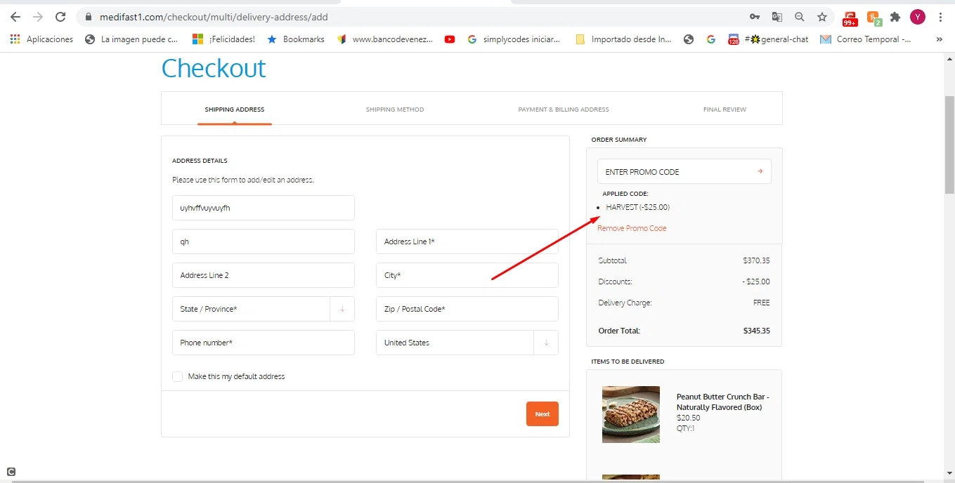 Medifast checkout page showing Medifast promo code box | Screenshot taken by SimplyCodes community member on Feb 25, 2021