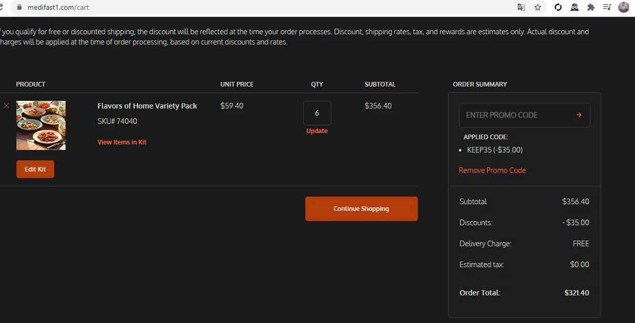Medifast checkout page showing Medifast promo code box | Screenshot taken by SimplyCodes community member on Apr 15, 2021