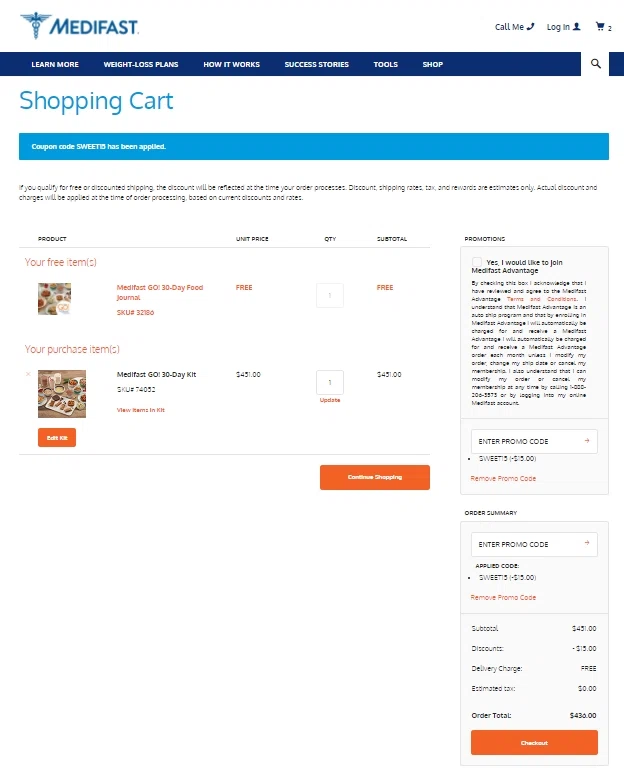 Medifast checkout page showing Medifast promo code box | Screenshot taken by SimplyCodes community member on Dec 24, 2020