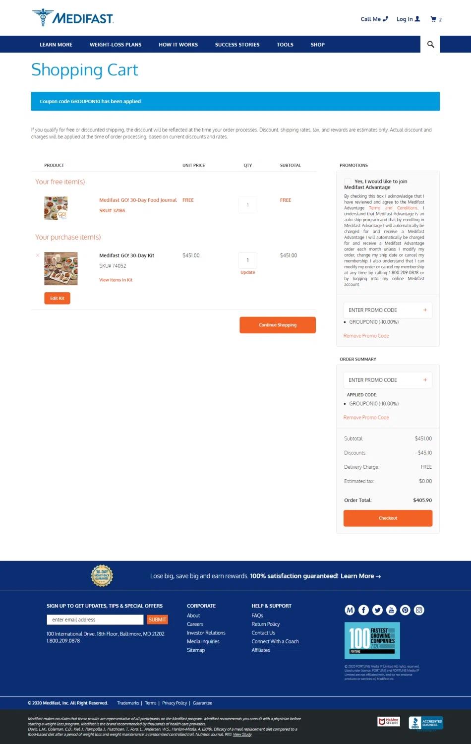 Medifast checkout page showing Medifast promo code box | Screenshot taken by SimplyCodes community member on Jan 21, 2021