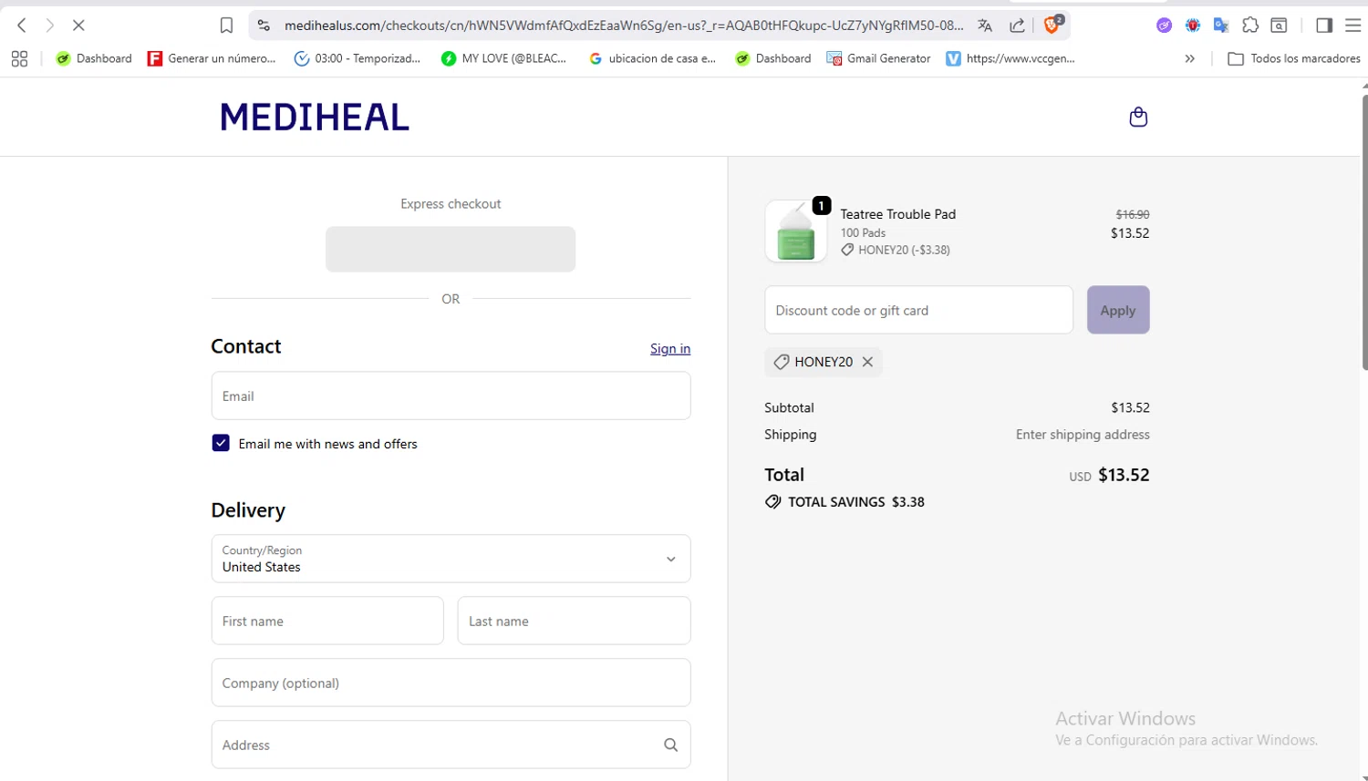 Mediheal US discount code screenshot showing code HONEY20 applied at Mediheal US checkout page. Uploaded by SimplyCodes community member VoucherFalcon3942 on Nov 20, 2025