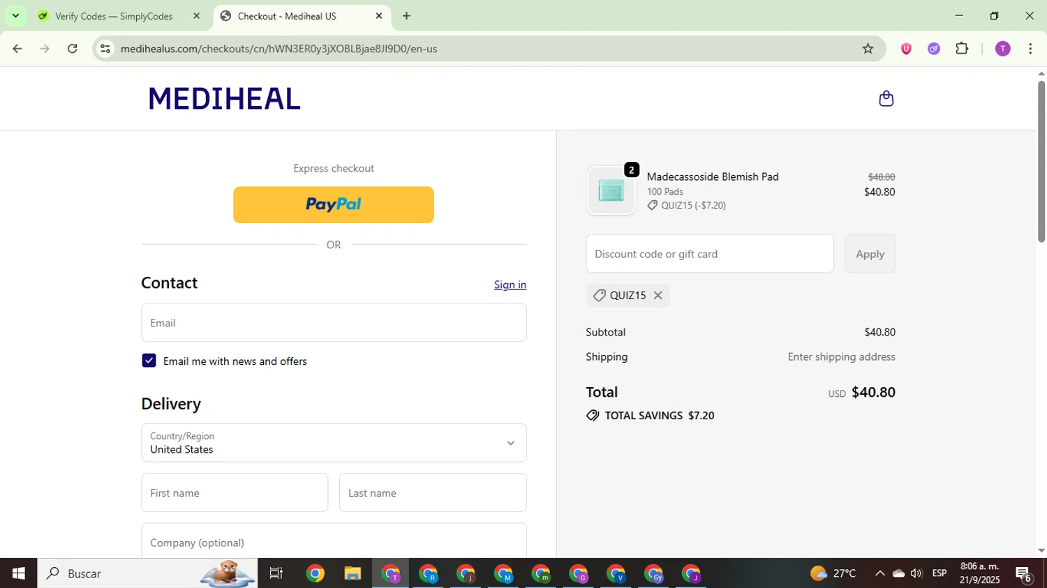 Mediheal US discount code screenshot showing code QUIZ15 applied at Mediheal US checkout page. Uploaded by SimplyCodes community member ThriftyCurator4085 on Sep 21, 2025