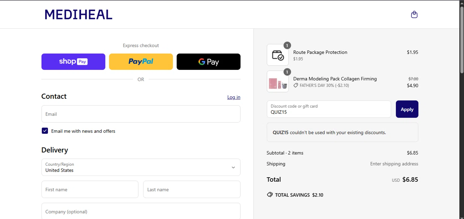 Mediheal US discount code screenshot showing code QUIZ15 applied at Mediheal US checkout page. Uploaded by SimplyCodes community member ValueGenius9720 on Jun 16, 2025
