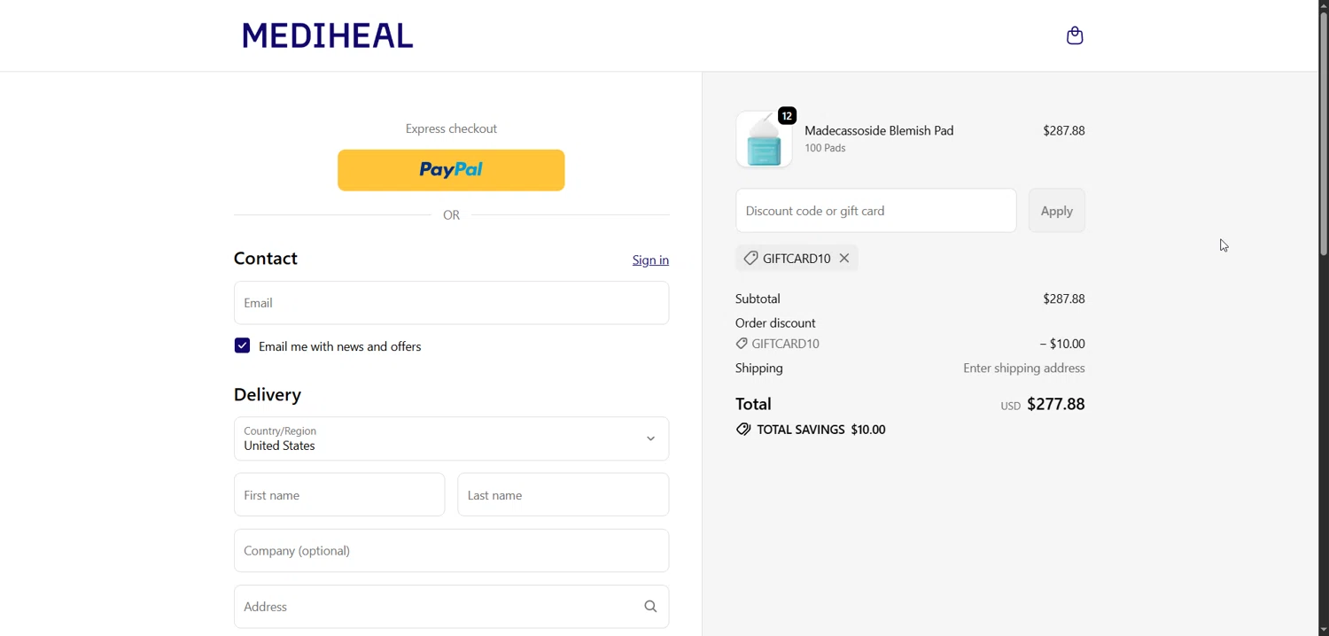 Mediheal US checkout page showing Mediheal US discount code box | Screenshot taken by SimplyCodes community member on Dec 29, 2025