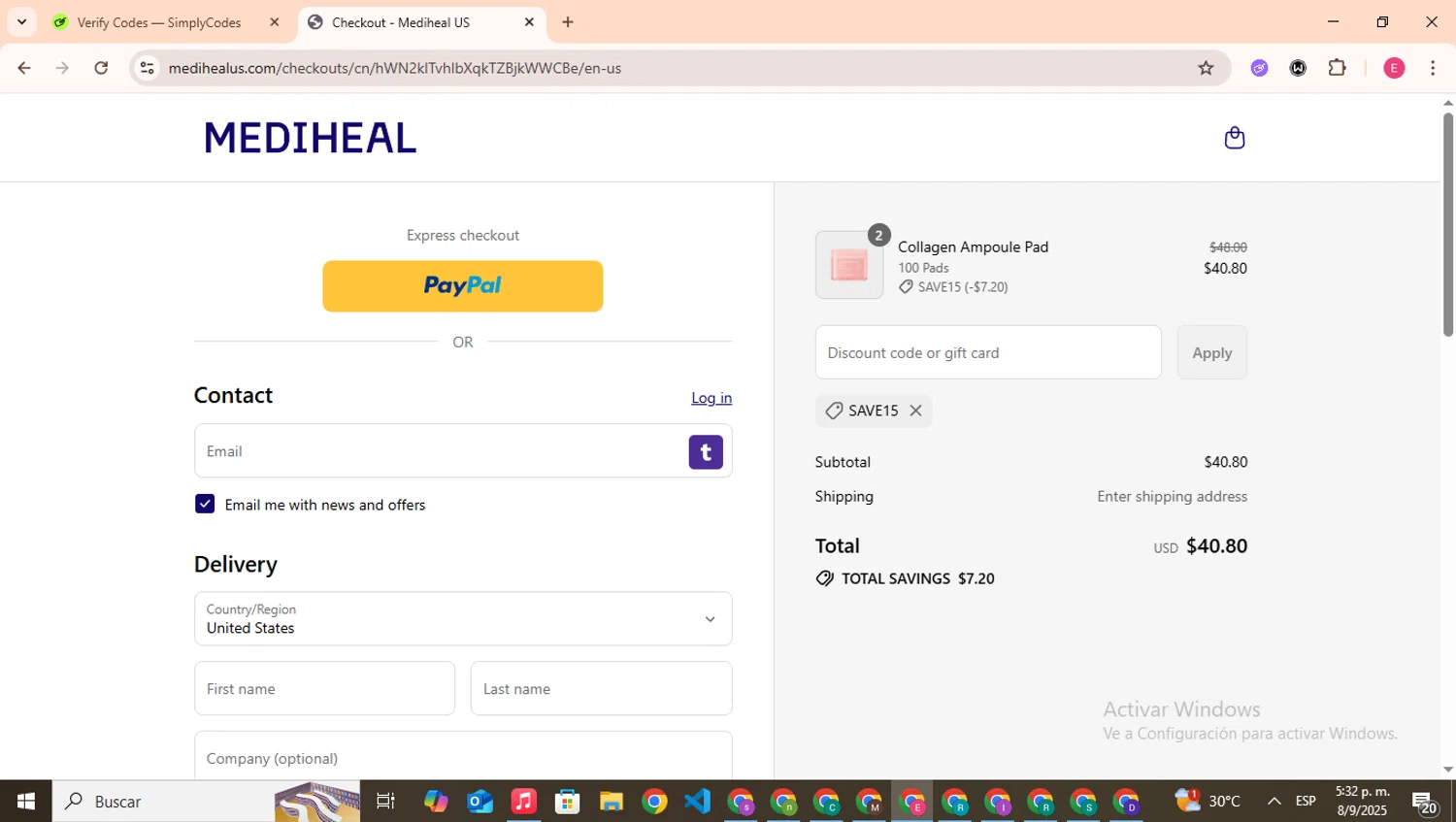 Mediheal US discount code screenshot showing code SAVE15 applied at Mediheal US checkout page. Uploaded by SimplyCodes community member CouponHero7312 on Sep 8, 2025