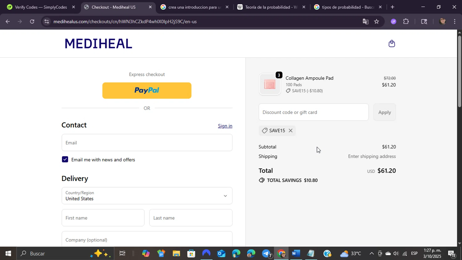 Mediheal US discount code screenshot showing code SAVE15 applied at Mediheal US checkout page. Uploaded by SimplyCodes community member ShieldEagle9436 on Oct 3, 2025