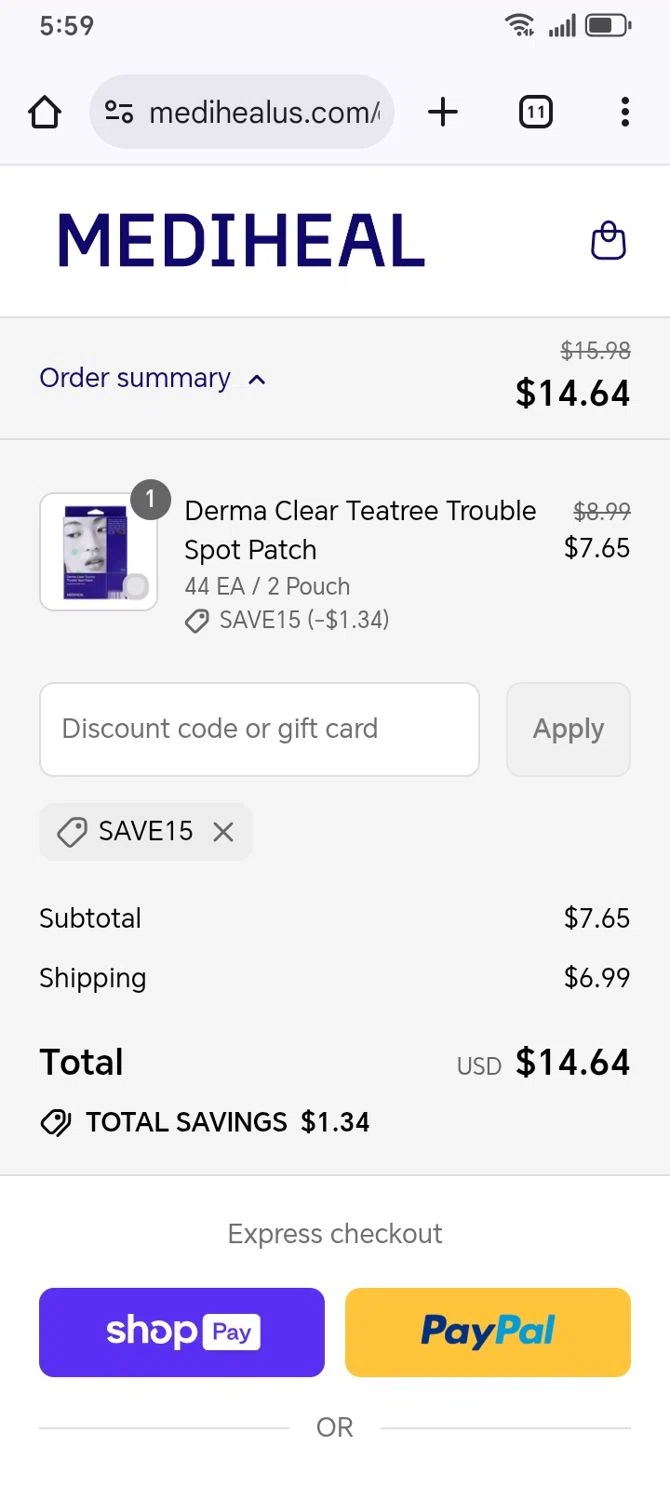 Mediheal US discount code screenshot showing code SAVE15 applied at Mediheal US checkout page. Uploaded by SimplyCodes community member franksanchez on Jul 27, 2025