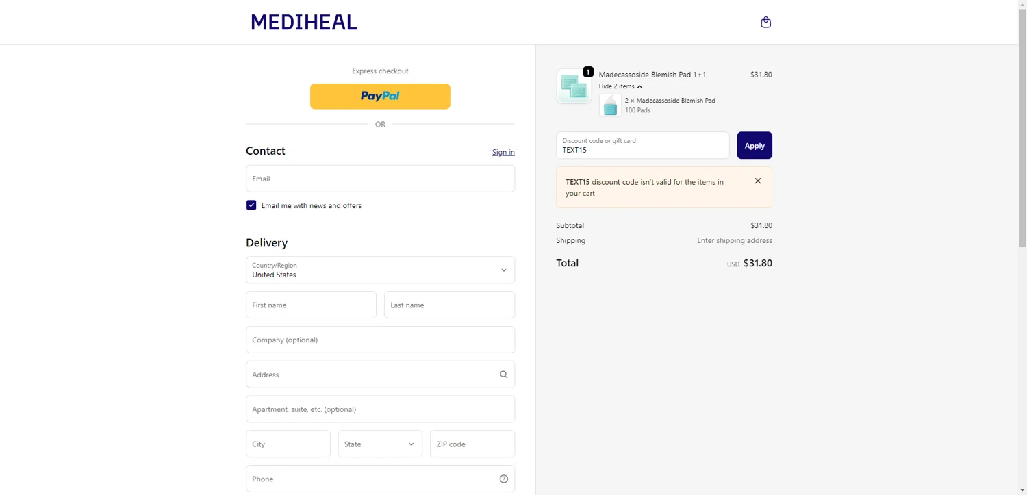 Mediheal US discount code screenshot showing code TEXT15 applied at Mediheal US checkout page. Uploaded by SimplyCodes community member CodeGuardian5312 on Dec 5, 2025