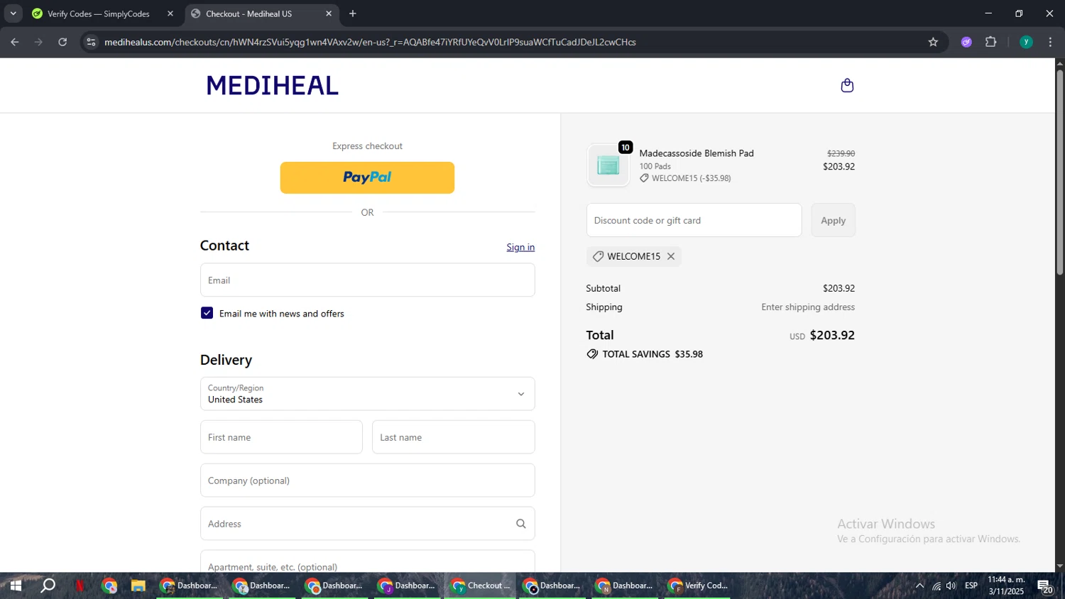 Mediheal US discount code screenshot showing code WELCOME15 applied at Mediheal US checkout page. Uploaded by SimplyCodes community member FrugalCaptain6906 on Nov 3, 2025