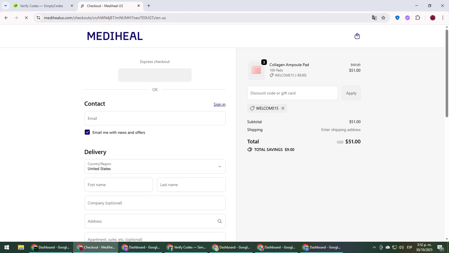 Mediheal US discount code screenshot showing code WELCOME15 applied at Mediheal US checkout page. Uploaded by SimplyCodes community member MightyLegend6657 on Oct 30, 2025