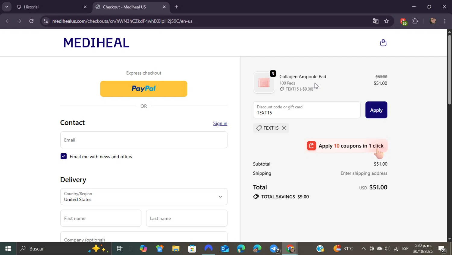 Mediheal US discount code screenshot showing code TEXT15 applied at Mediheal US checkout page. Uploaded by SimplyCodes community member ShieldEagle9436 on Oct 30, 2025