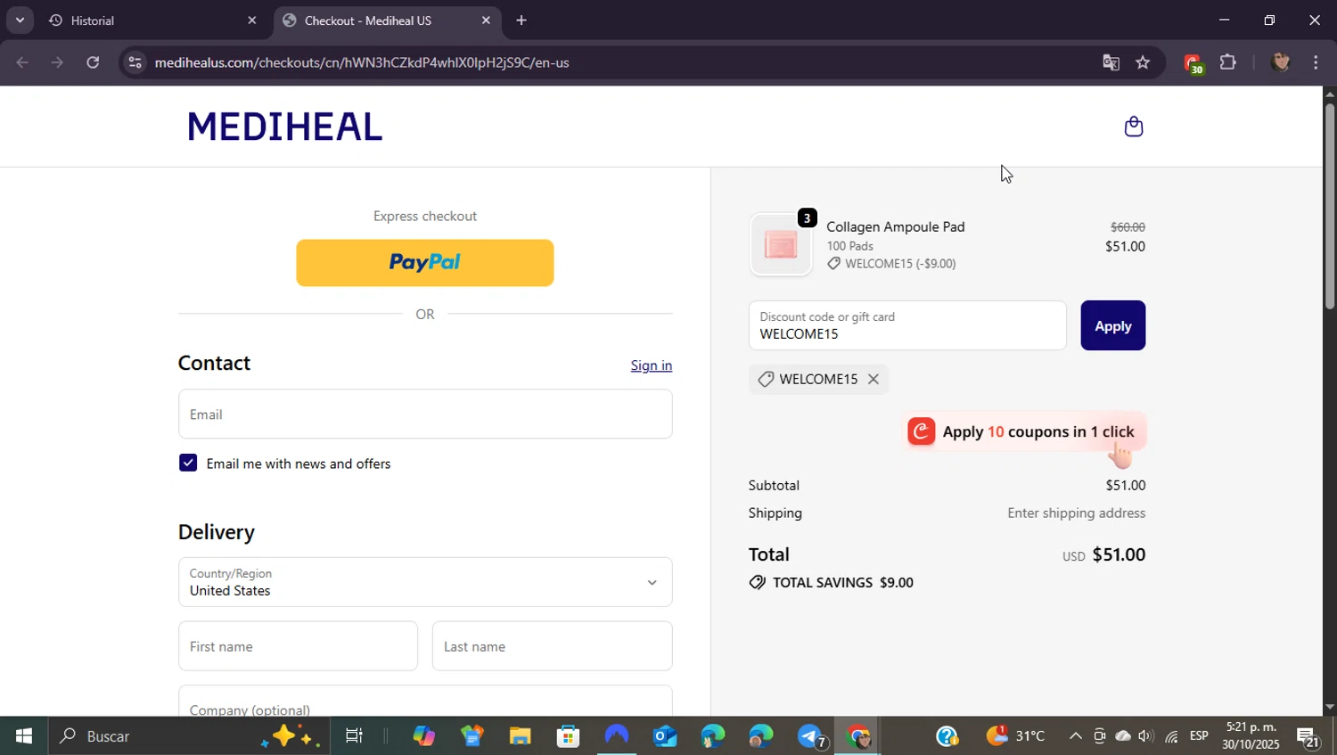 Mediheal US discount code screenshot showing code WELCOME15 applied at Mediheal US checkout page. Uploaded by SimplyCodes community member ShieldEagle9436 on Oct 30, 2025