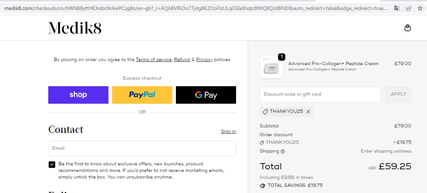 Medik8 discount code screenshot showing code THANKYOU25 applied at Medik8 checkout page. Uploaded by SimplyCodes community member EMILIANOMASABE on Jan 28, 2026
