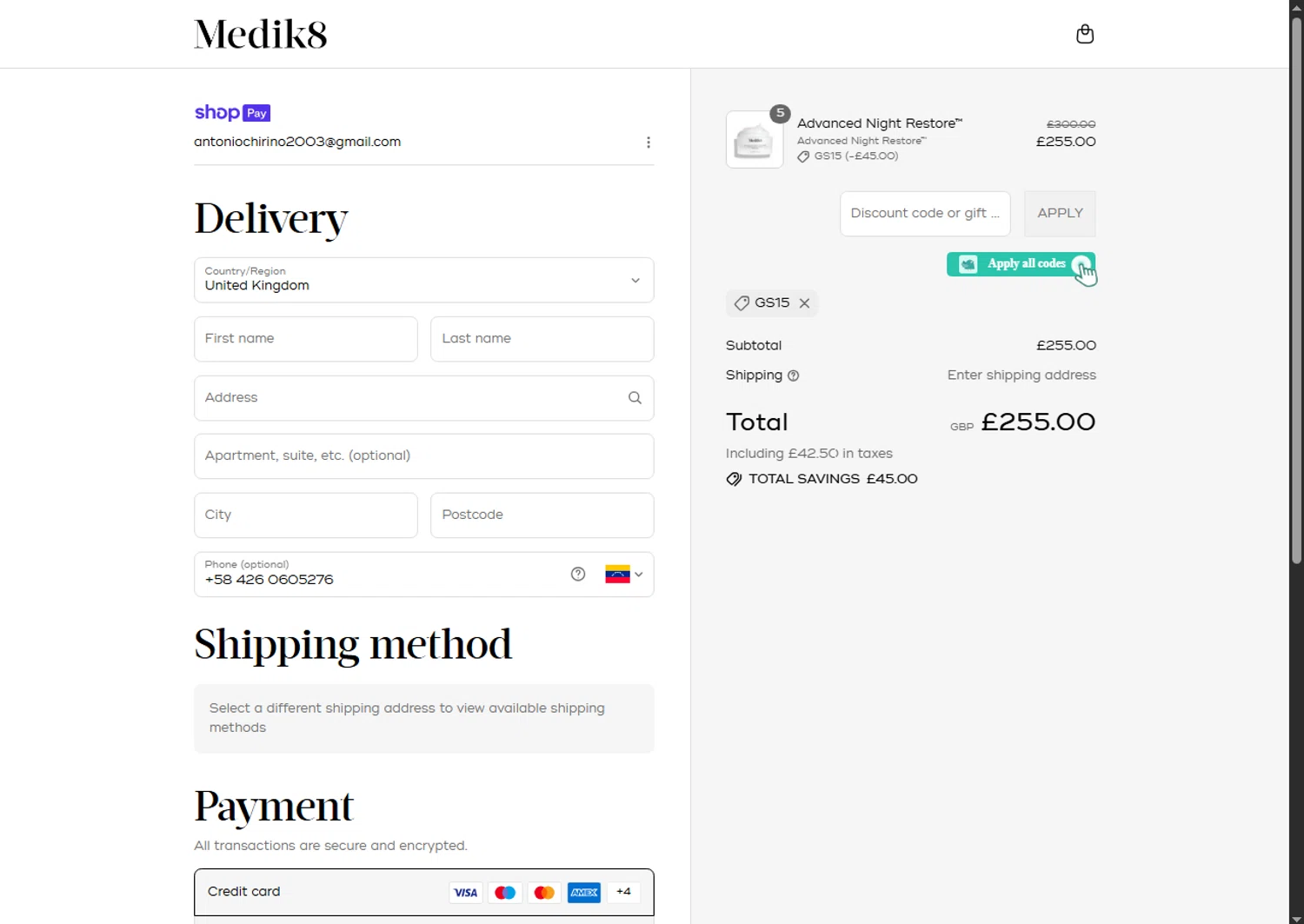 Medik8 discount code screenshot showing code GS15 applied at Medik8 checkout page. Uploaded by SimplyCodes community member Hei201 on Jul 12, 2025