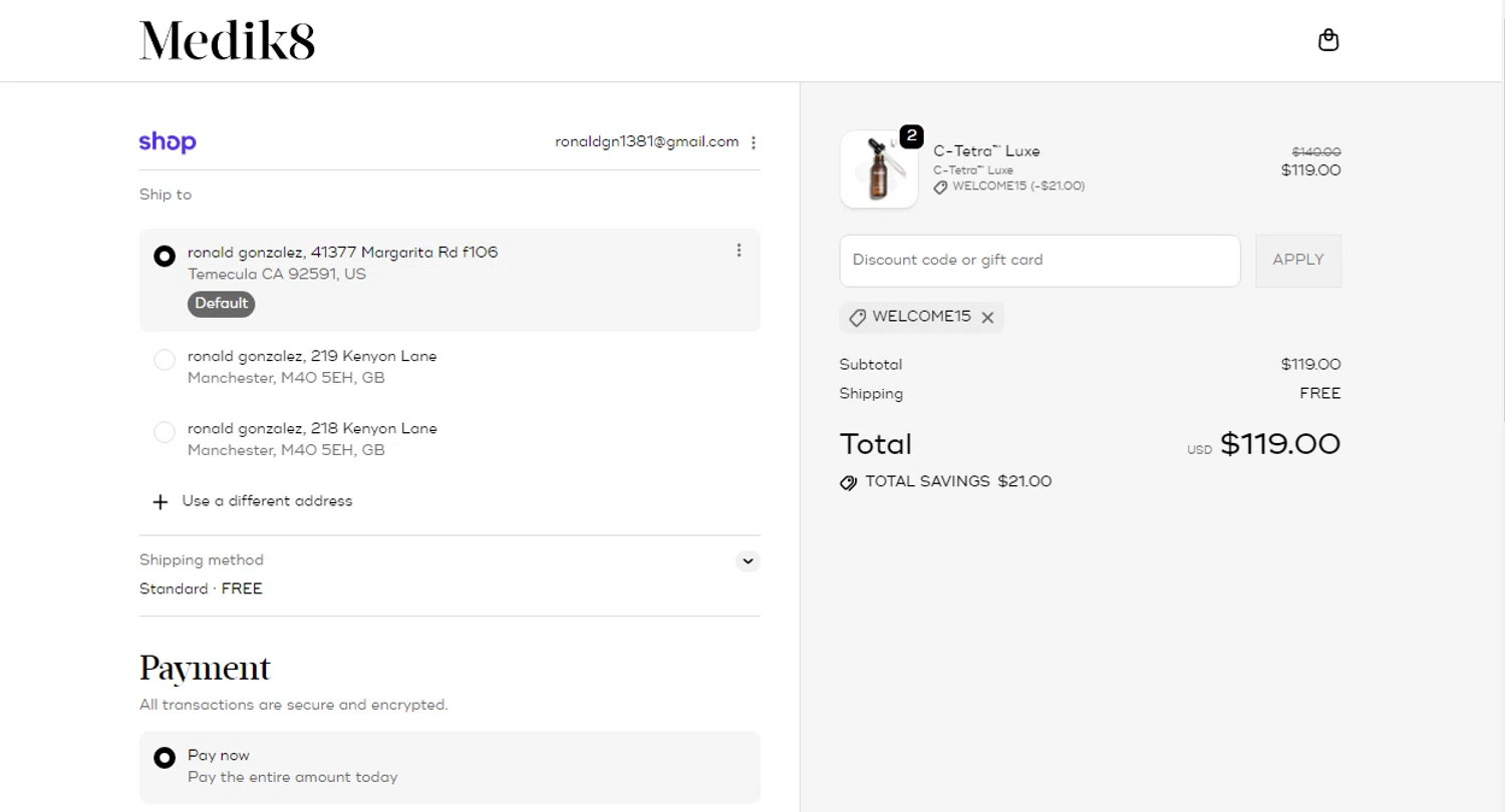 Medik8 US checkout page showing Medik8 US promo code box | Screenshot taken by SimplyCodes community member on Feb 19, 2026