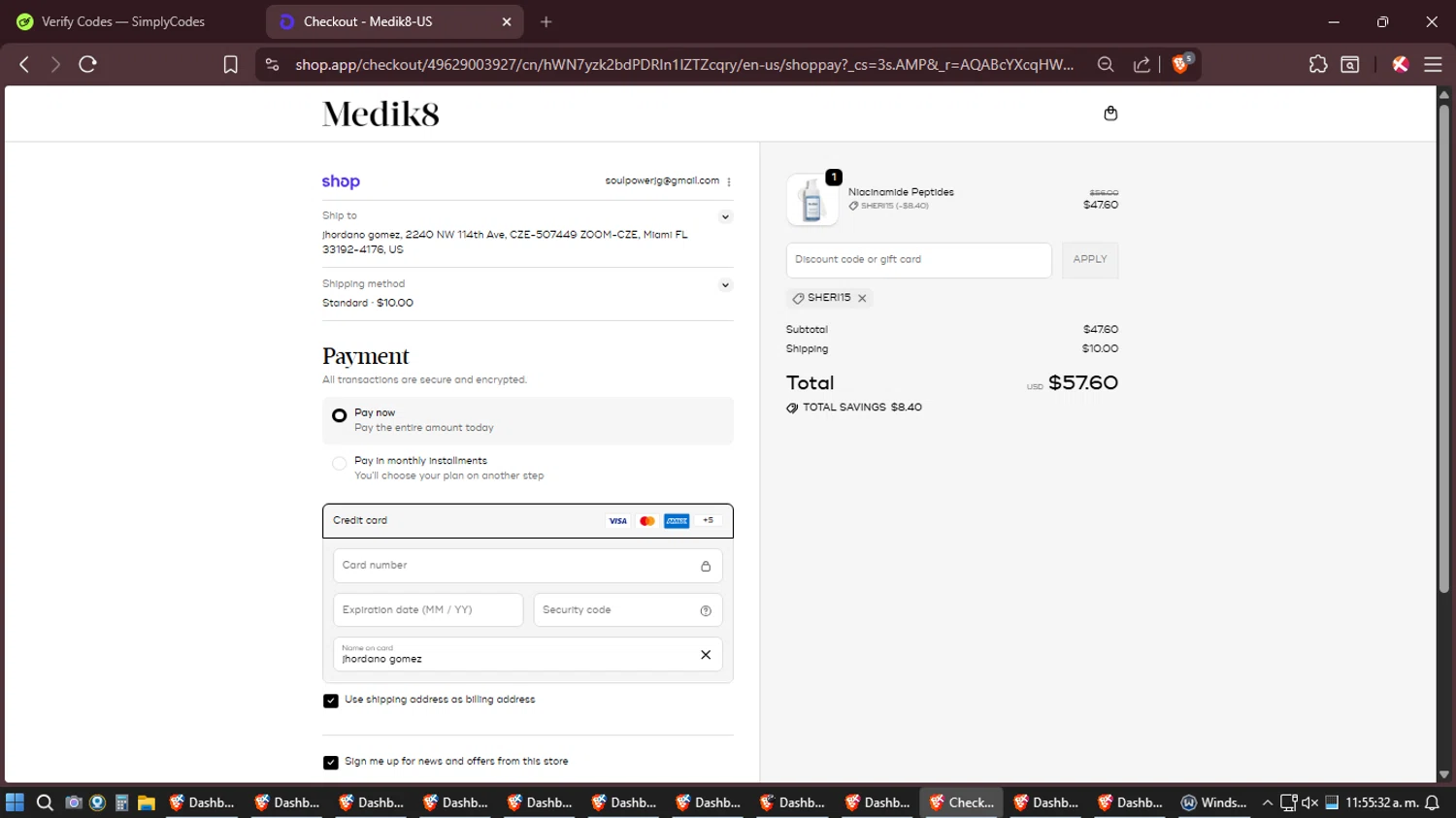Medik8 US promo code screenshot showing code sheri15 applied at Medik8 US checkout page. Uploaded by SimplyCodes community member Amidamaru on Jan 24, 2026