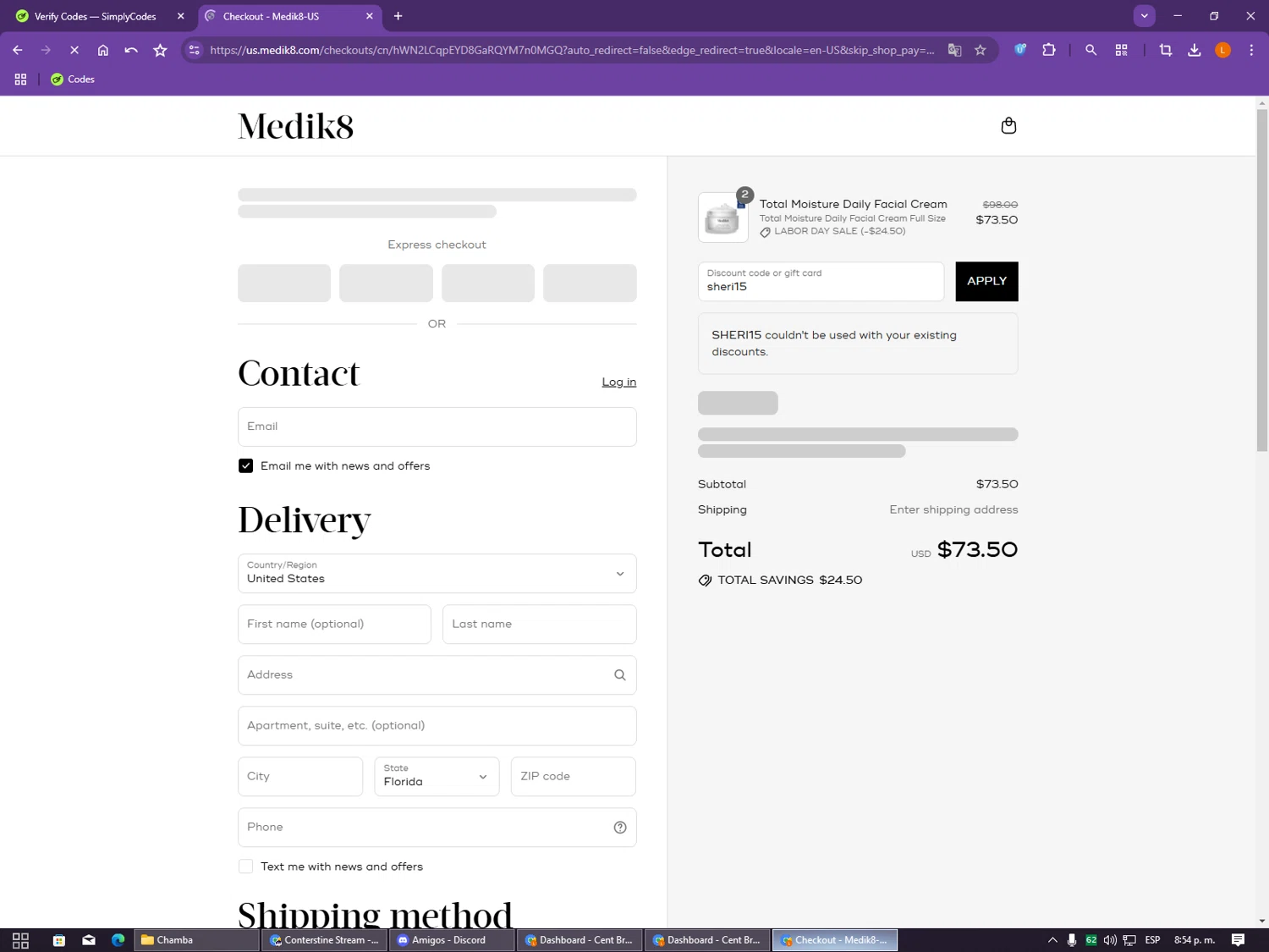 Medik8 US promo code screenshot showing code sheri15 applied at Medik8 US checkout page. Uploaded by SimplyCodes community member DIOSESMIGUIA on Aug 29, 2025