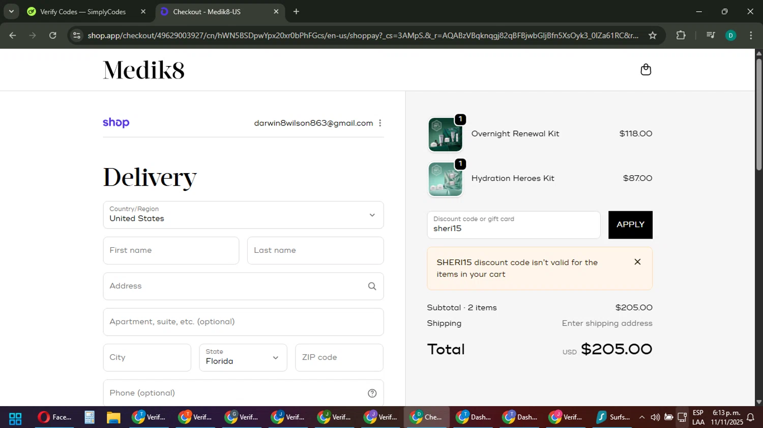 Medik8 US promo code screenshot showing code sheri15 applied at Medik8 US checkout page. Uploaded by SimplyCodes community member ThriftyLion6776 on Nov 11, 2025