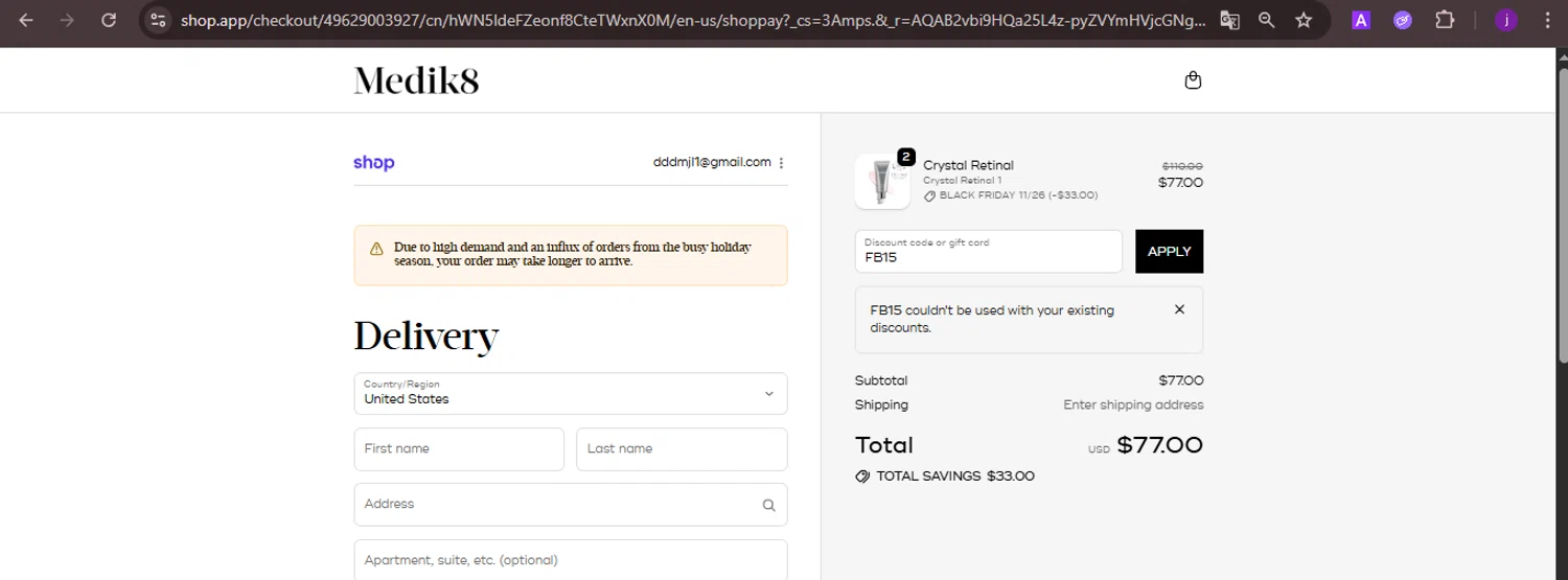 Medik8 US promo code screenshot showing code FB15 applied at Medik8 US checkout page. Uploaded by SimplyCodes community member CoinMaverick1452 on Nov 27, 2025