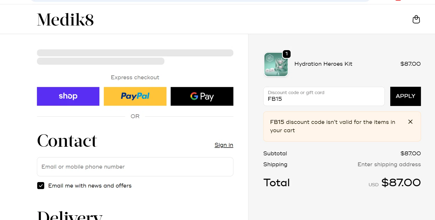 Medik8 US promo code screenshot showing code FB15 applied at Medik8 US checkout page. Uploaded by SimplyCodes community member Frafid on Nov 11, 2025