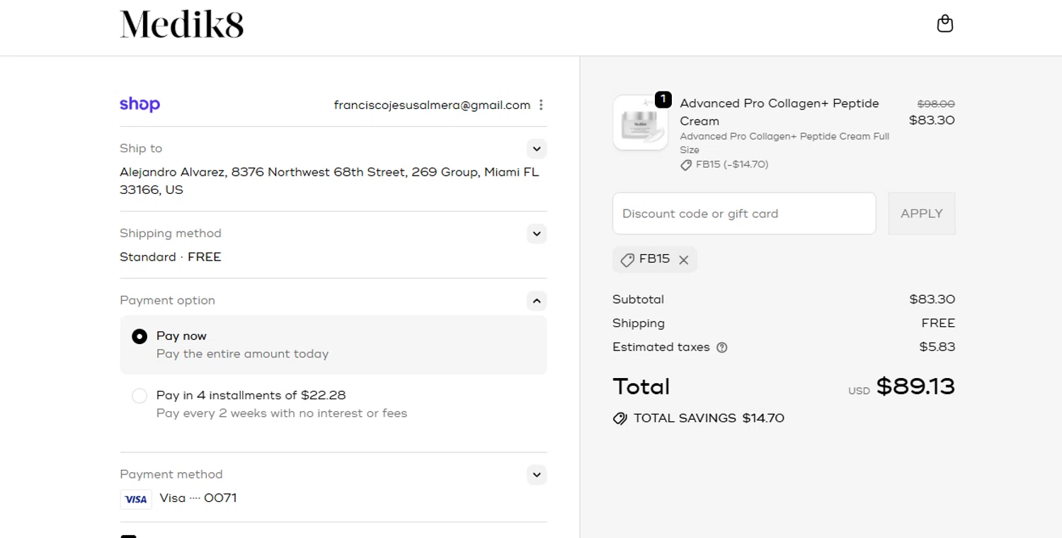 Medik8 US promo code screenshot showing code FB15 applied at Medik8 US checkout page. Uploaded by SimplyCodes community member Gaby04 on Oct 29, 2025