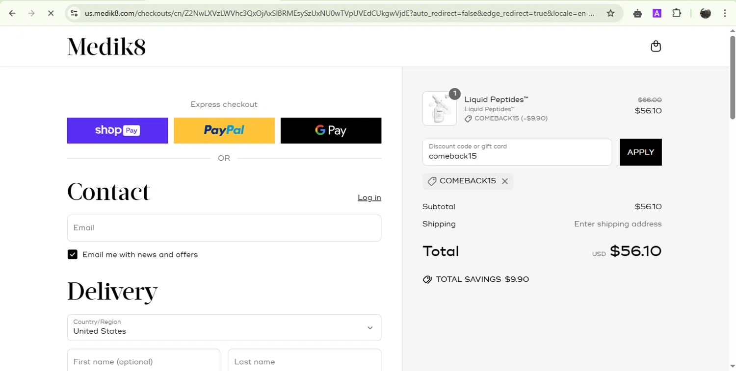 Medik8 US promo code screenshot showing code comeback15 applied at Medik8 US checkout page. Uploaded by SimplyCodes community member Jesusvasquezzz on Mar 19, 2025