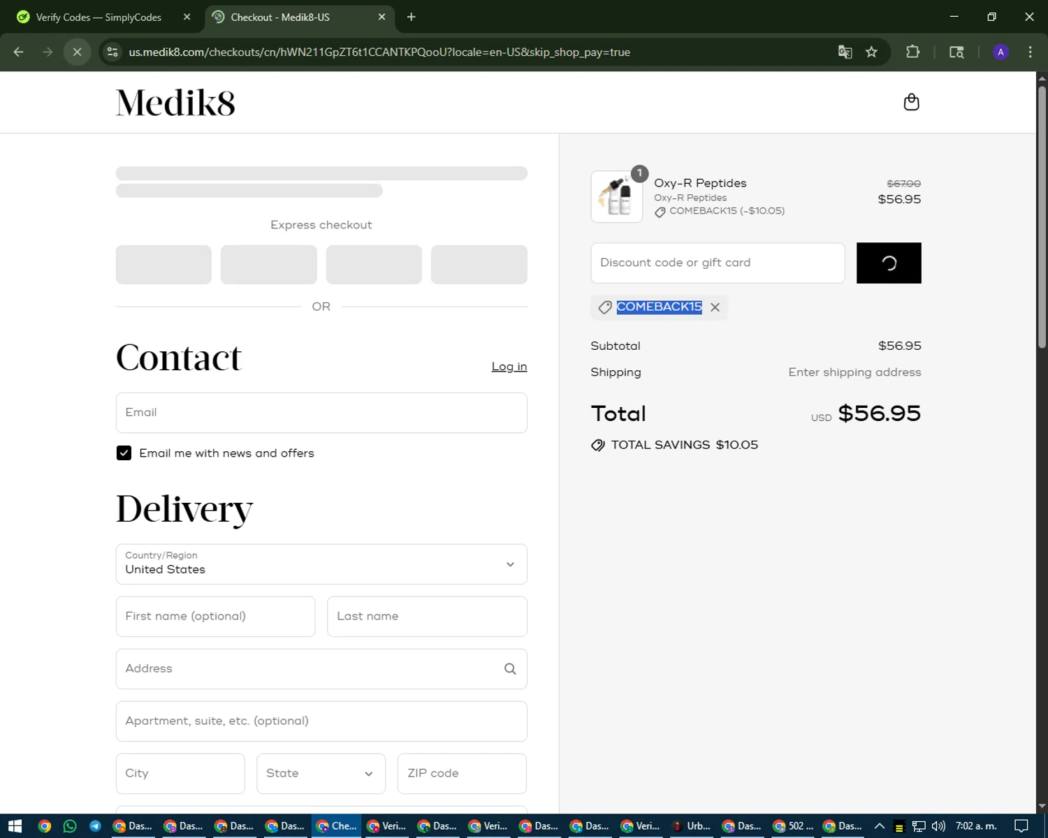 Medik8 US promo code screenshot showing code comeback15 applied at Medik8 US checkout page. Uploaded by SimplyCodes community member MagnificentWarden4603 on Aug 20, 2025