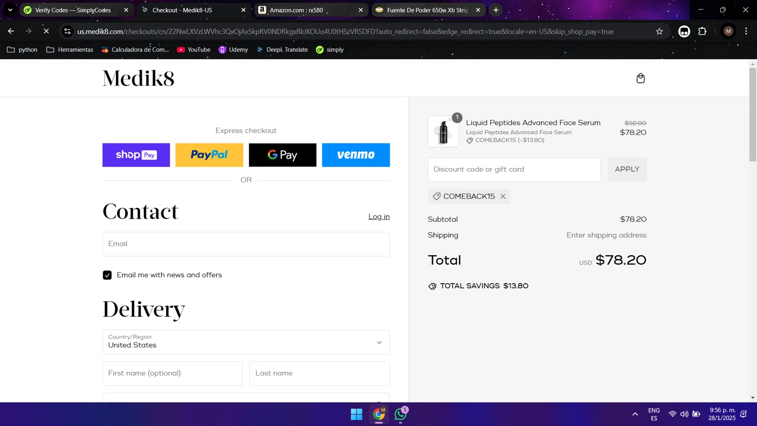 Medik8 US promo code screenshot showing code comeback15 applied at Medik8 US checkout page. Uploaded by SimplyCodes community member Maocar on Jan 29, 2025