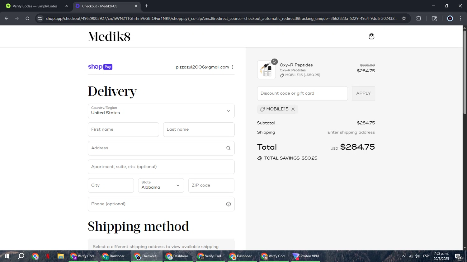 Medik8 US promo code screenshot showing code MOBILE15 applied at Medik8 US checkout page. Uploaded by SimplyCodes community member RoyalBoss4384 on Aug 20, 2025