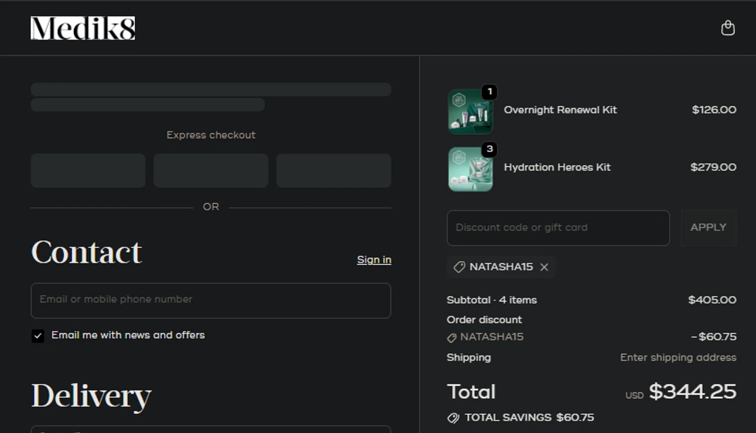 Medik8 US promo code screenshot showing code NATASHA15 applied at Medik8 US checkout page. Uploaded by SimplyCodes community member SpiderGwen on Nov 6, 2025