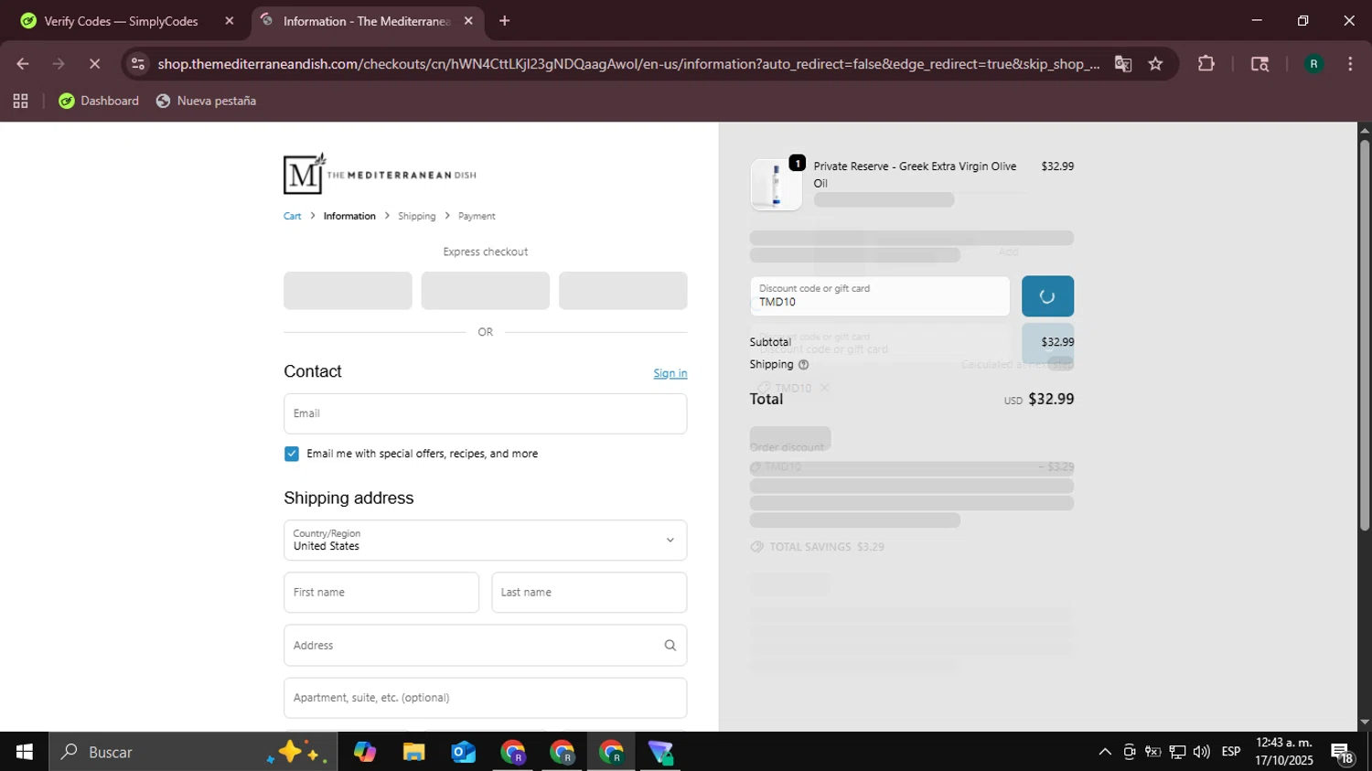 The Mediterranean Dish promo code screenshot showing code TMD10 applied at The Mediterranean Dish checkout page. Uploaded by SimplyCodes community member Coneflavols on Oct 17, 2025