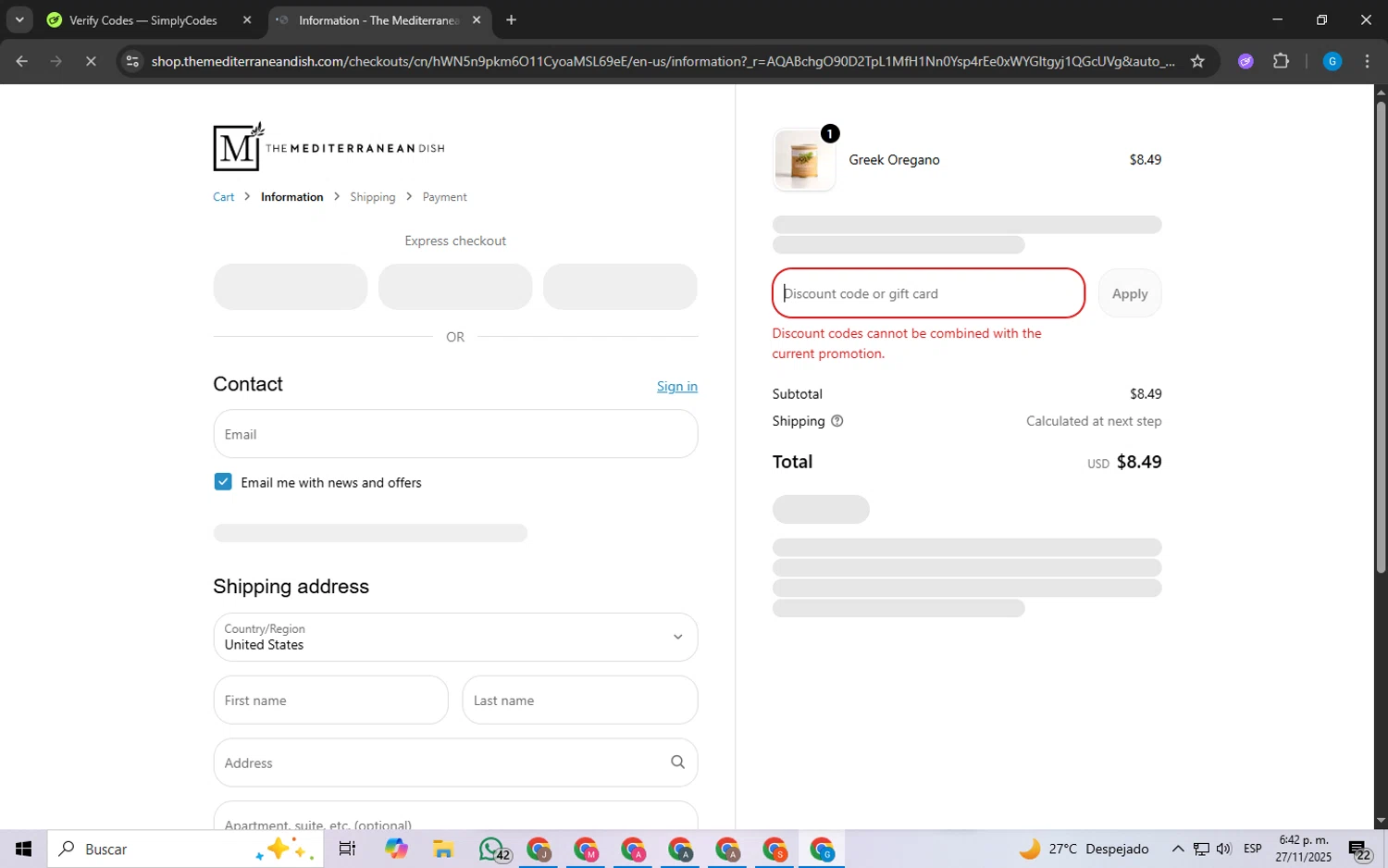 The Mediterranean Dish promo code screenshot showing code ADBZ8 applied at The Mediterranean Dish checkout page. Uploaded by SimplyCodes community member FrugalLynx8088 on Nov 27, 2025
