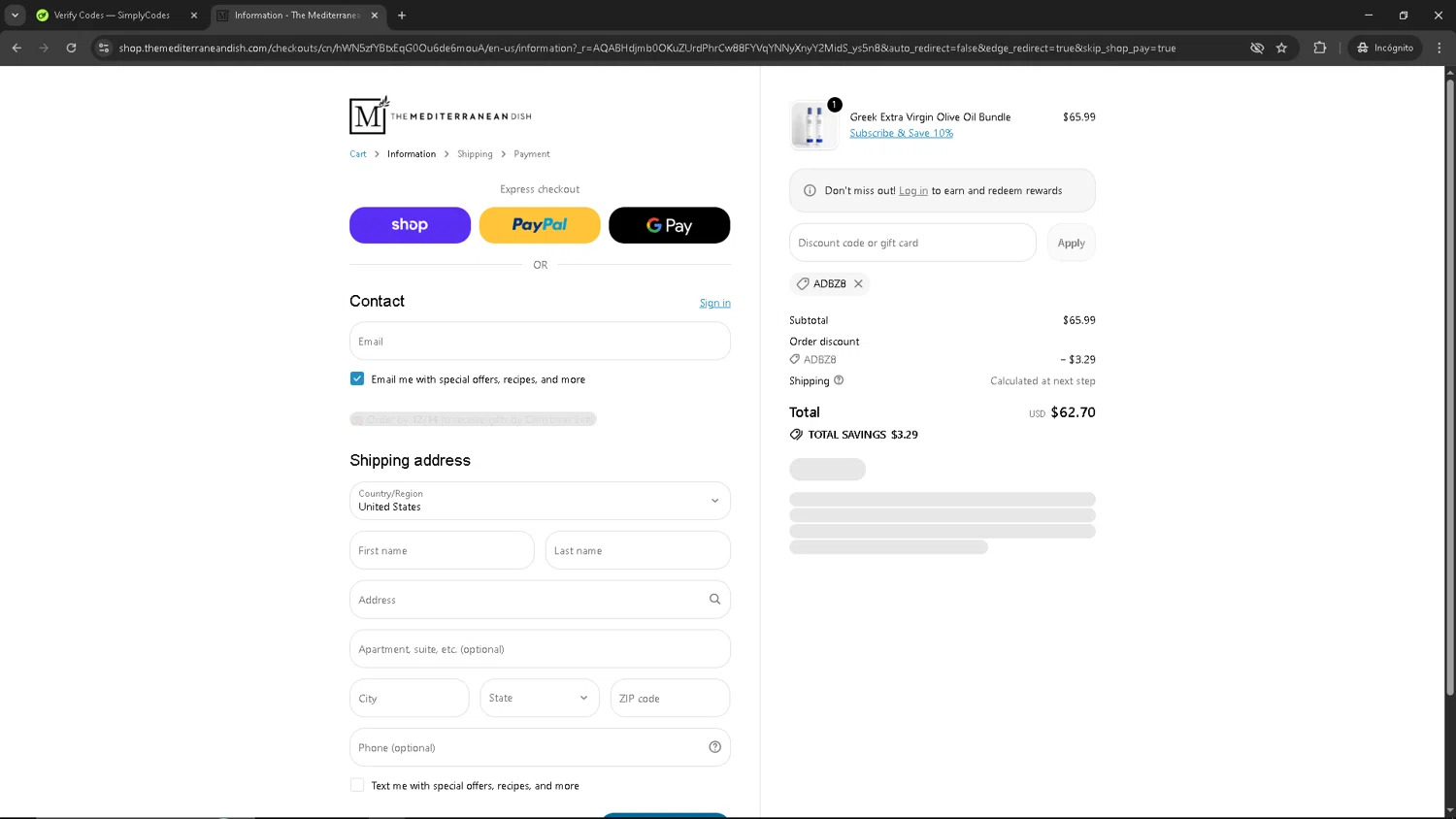 The Mediterranean Dish promo code screenshot showing code ADBZ8 applied at The Mediterranean Dish checkout page. Uploaded by SimplyCodes community member HAOJIN on Dec 3, 2025